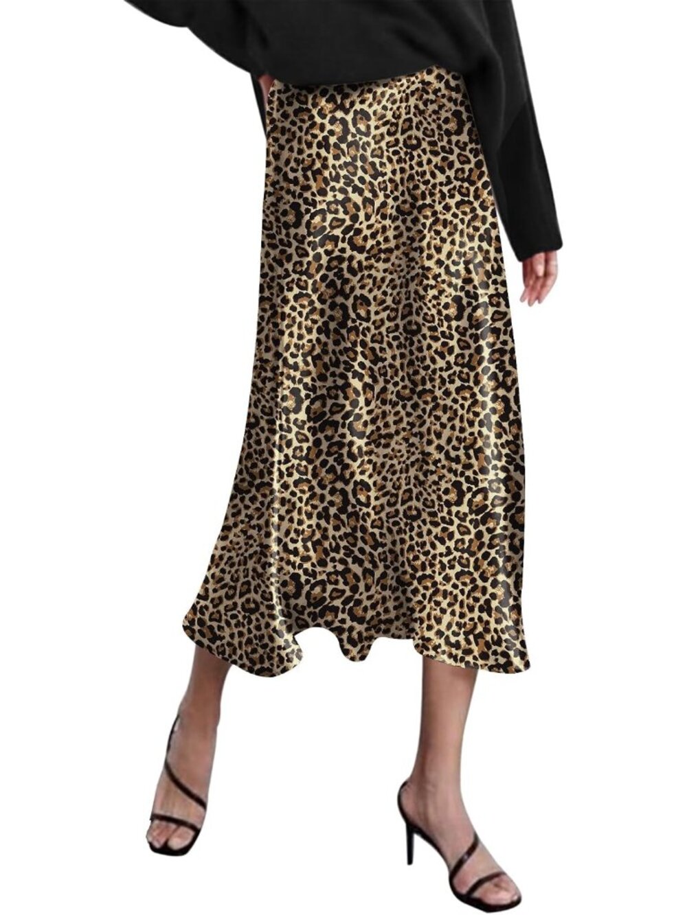 Women Leopard High Waisted Solid Satin Dress Zipper Silky Slip A-Line Midi Skirt